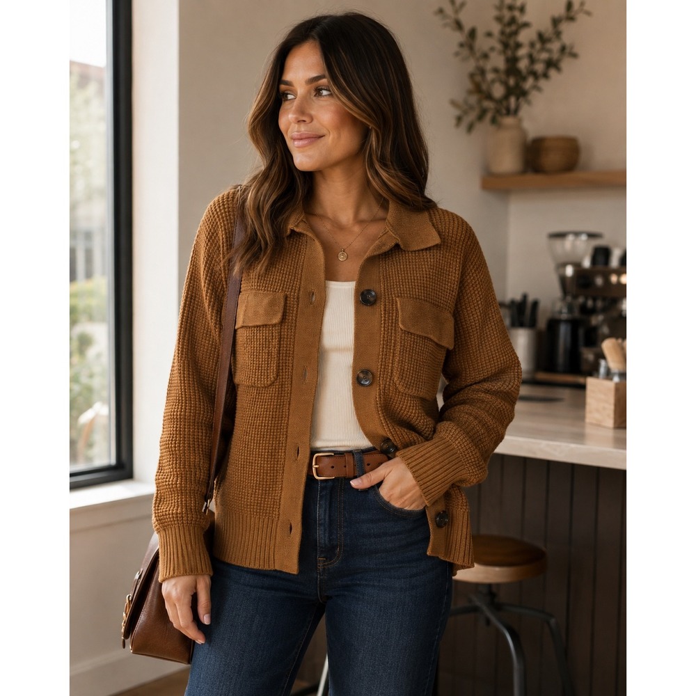 Minimalist Waffle Knit Shacket Cardigan Sweater Fall Camel Brown Textured Sz L